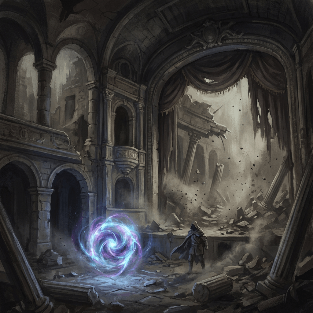 Hooded figure standing near a swirling magical portal in a ruined opera house.
