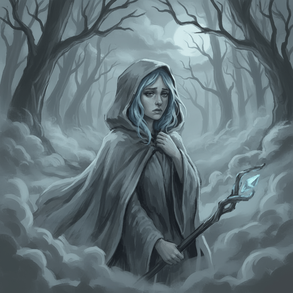 A sorrowful hooded woman holding a glowing staff in a misty, moonlit graveyard.