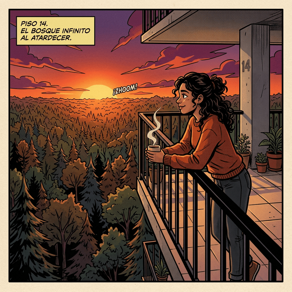 Woman leaning on balcony railing with hot drink watching forest sunset from 14th floor