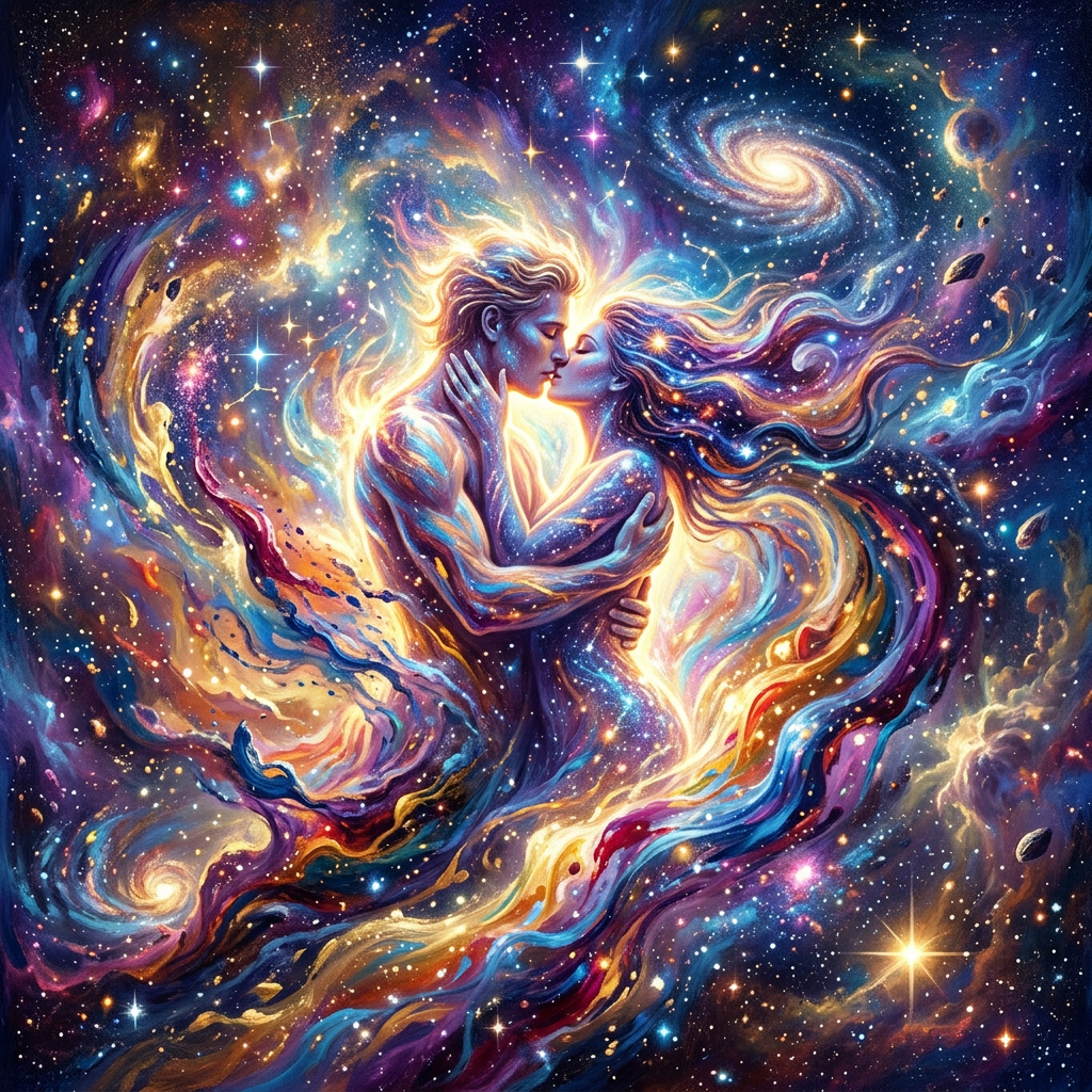 Two ethereal figures embracing in a vibrant cosmic scene with stars and galaxies