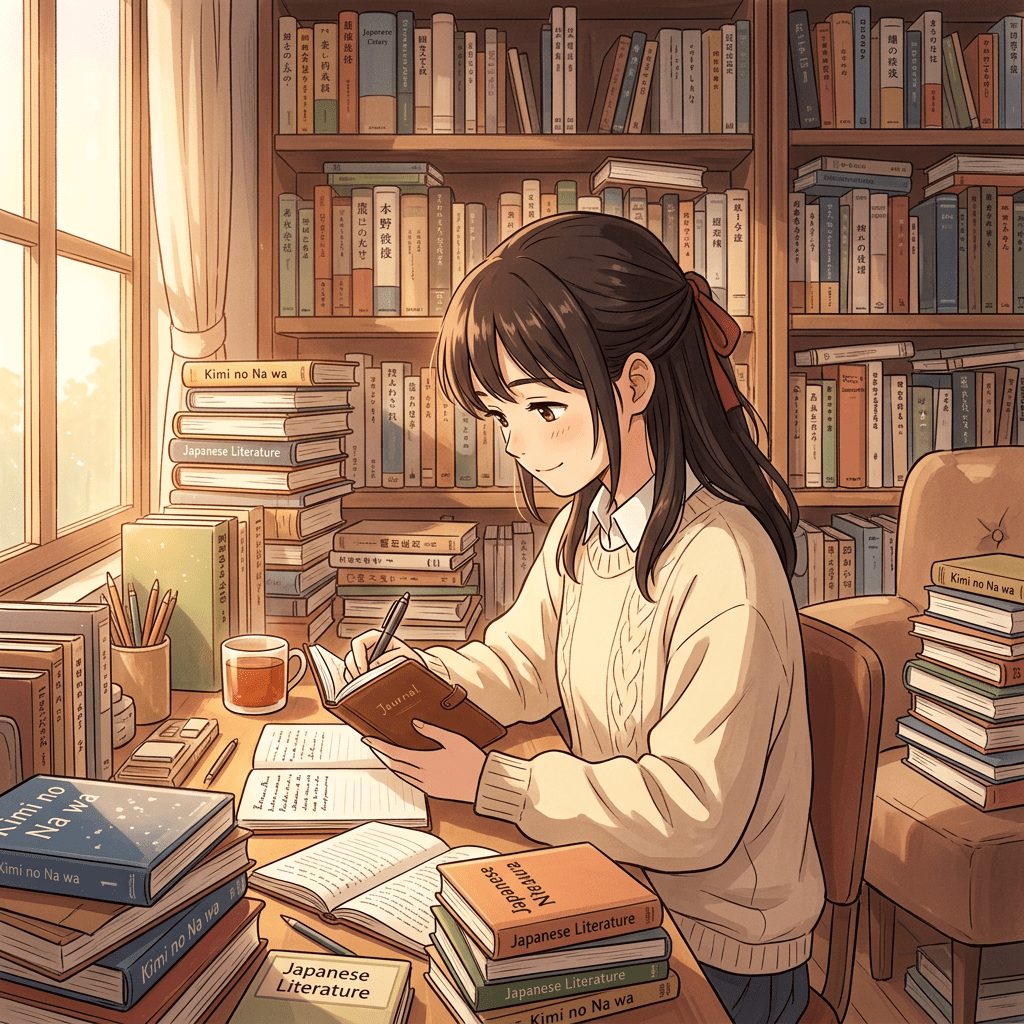 Young woman writing in a journal amid piles of Japanese literature books in a cozy room