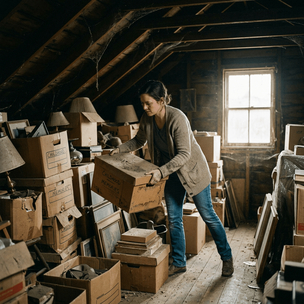 Woman lifting dusty cardboard box labeled 'Childhood Memories' in cluttered attic